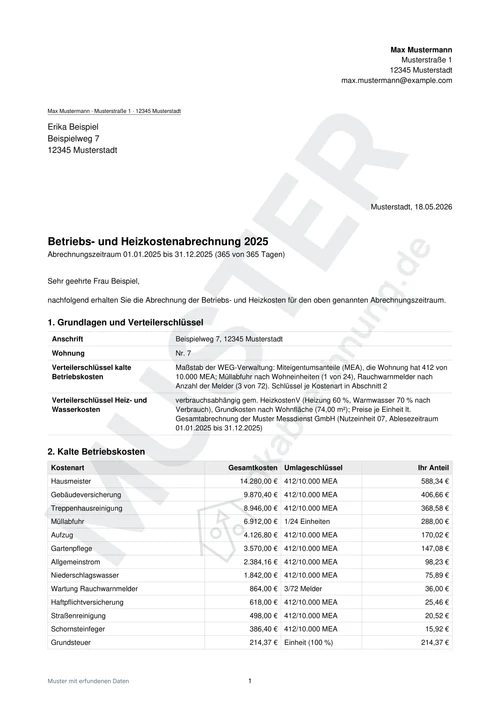 Musterabrechnung von nkabrechnung.de, Seite 1 von 2